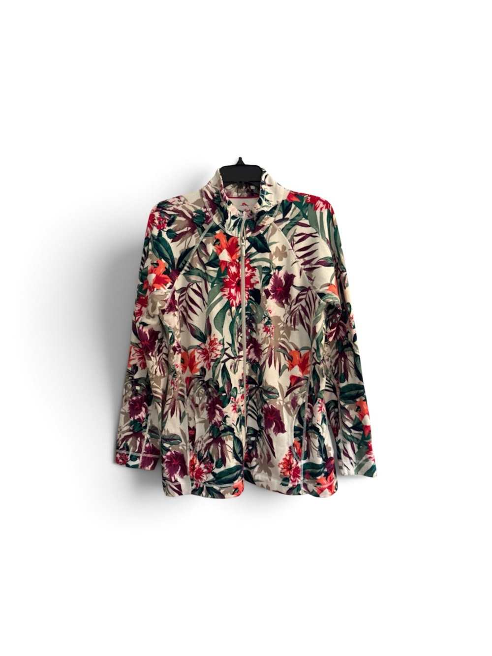 Tommy Bahama Cream Floral Zip-Front Jacket with Green Leaves